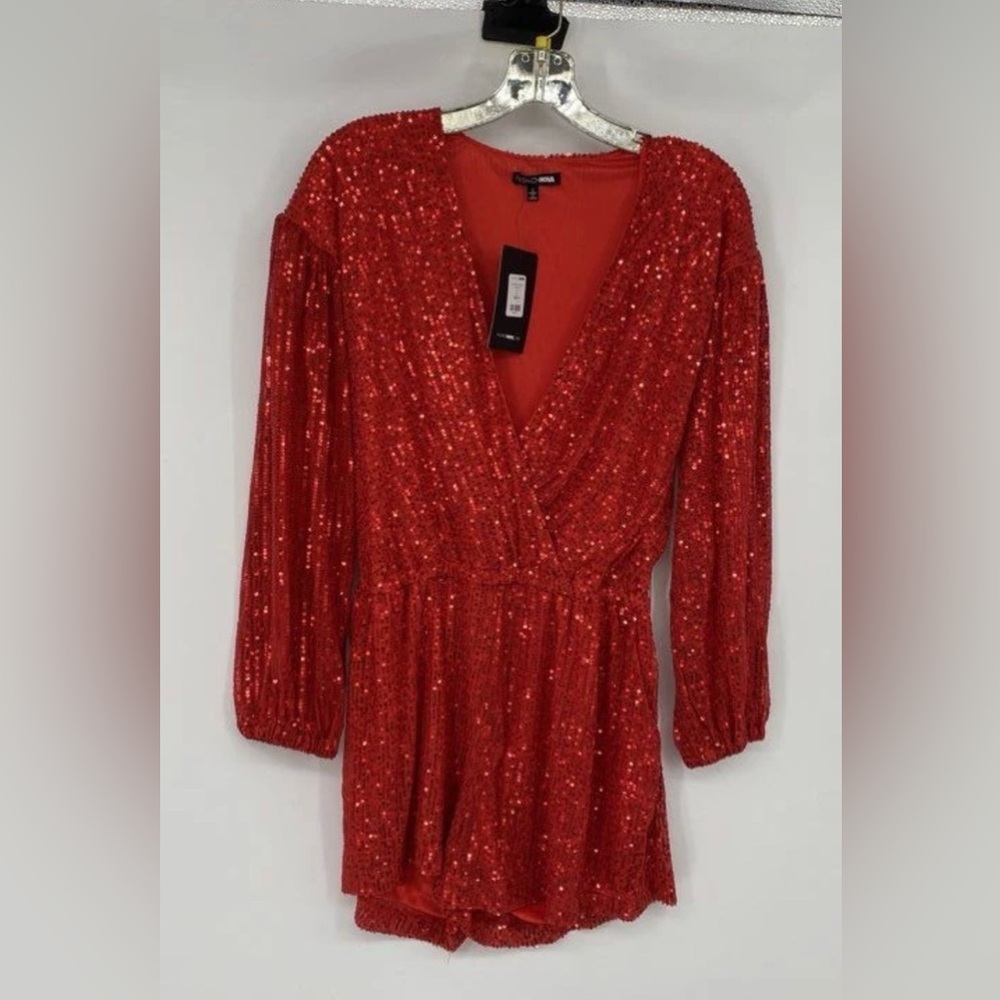Fashion Nova Red Sequin V-Neck Party Dress